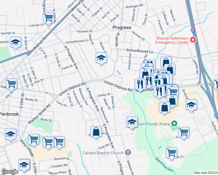 map of restaurants, bars, coffee shops, grocery stores, and more near 405 Shield Street in Harrisburg
