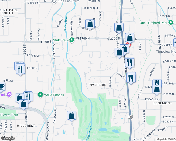 map of restaurants, bars, coffee shops, grocery stores, and more near 3339 North Cottonwood Lane in Provo