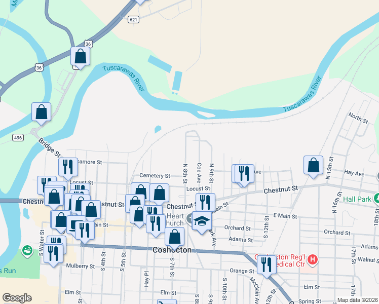 map of restaurants, bars, coffee shops, grocery stores, and more near 422 North 8th Street in Coshocton