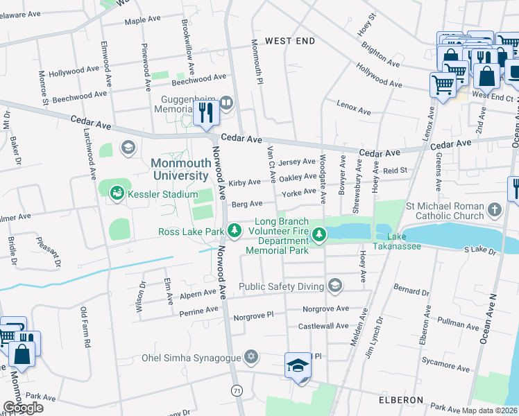 map of restaurants, bars, coffee shops, grocery stores, and more near 13 Clarence Avenue in Long Branch