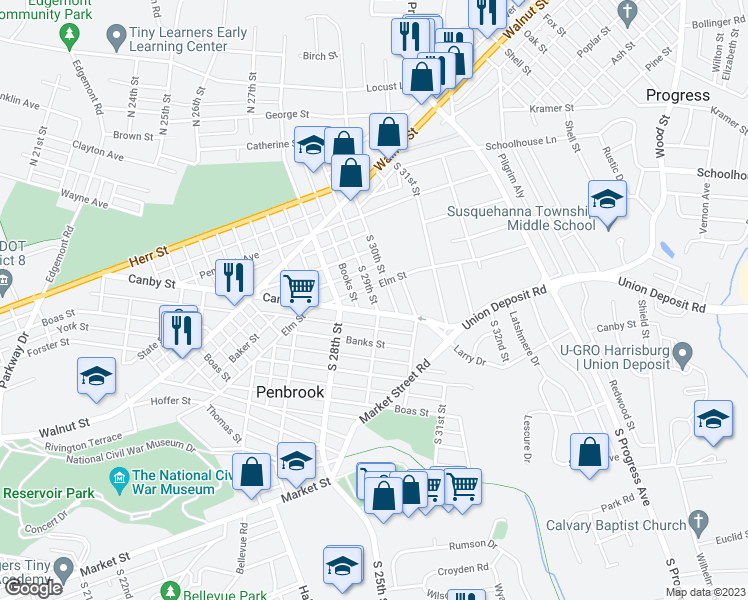 map of restaurants, bars, coffee shops, grocery stores, and more near 312 South 29th Street in Penbrook