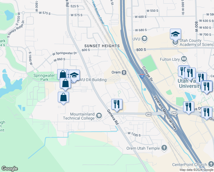 map of restaurants, bars, coffee shops, grocery stores, and more near 1051 South Geneva Road in Orem