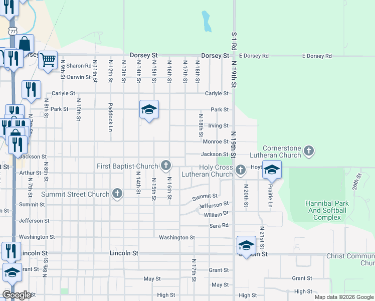map of restaurants, bars, coffee shops, grocery stores, and more near 1110 North 17th Street in Beatrice