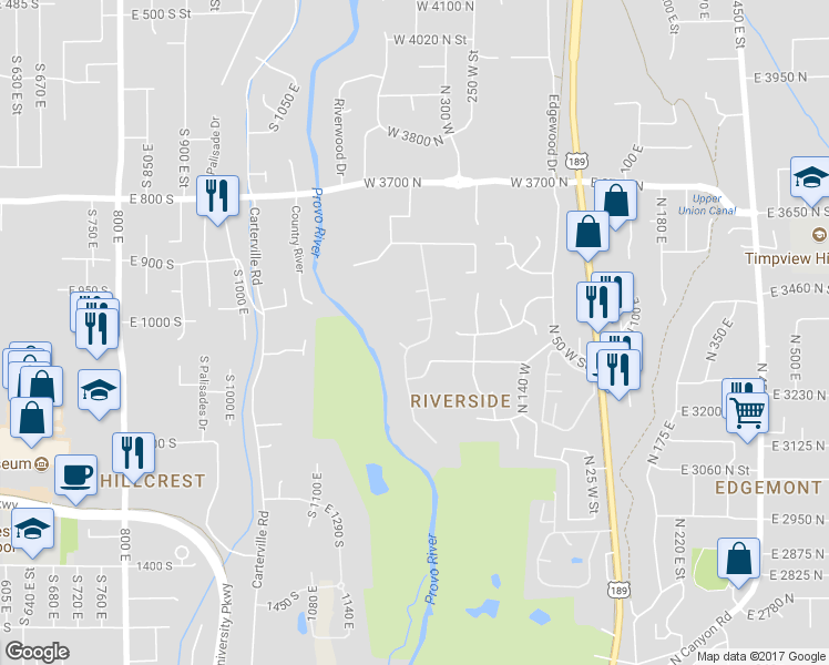 map of restaurants, bars, coffee shops, grocery stores, and more near 3339 North Cottonwood Lane in Provo