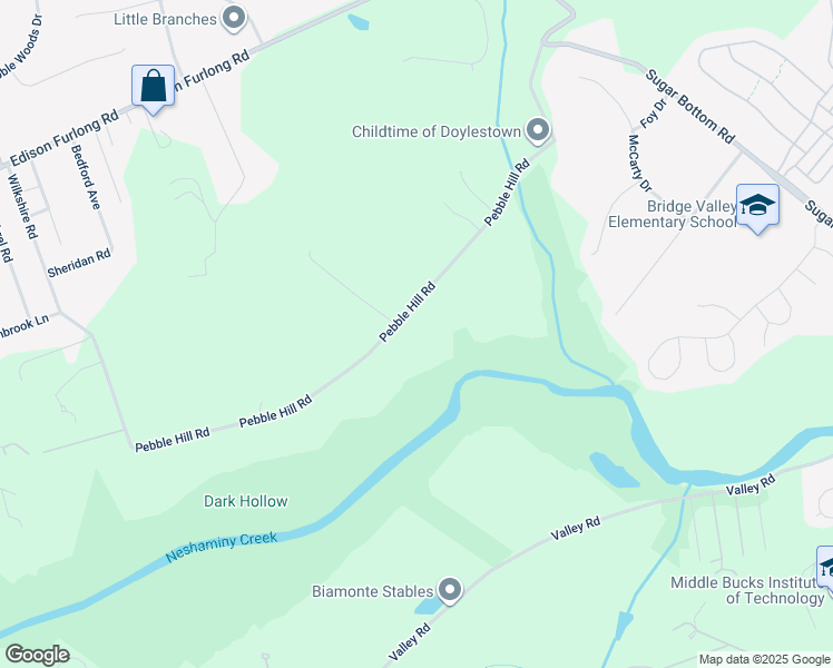 map of restaurants, bars, coffee shops, grocery stores, and more near 1265 Pebble Hill Road in Doylestown