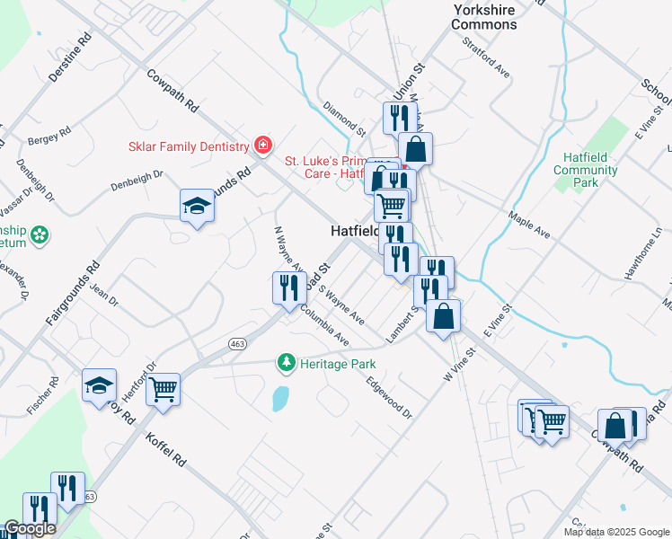 map of restaurants, bars, coffee shops, grocery stores, and more near 55 West Lincoln Avenue in Hatfield