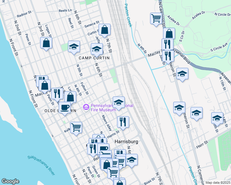 map of restaurants, bars, coffee shops, grocery stores, and more near 616 Dauphin Street in Harrisburg