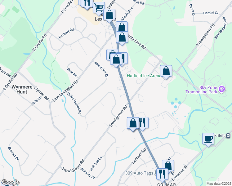 map of restaurants, bars, coffee shops, grocery stores, and more near 2836 Valley Woods Road in Hatfield