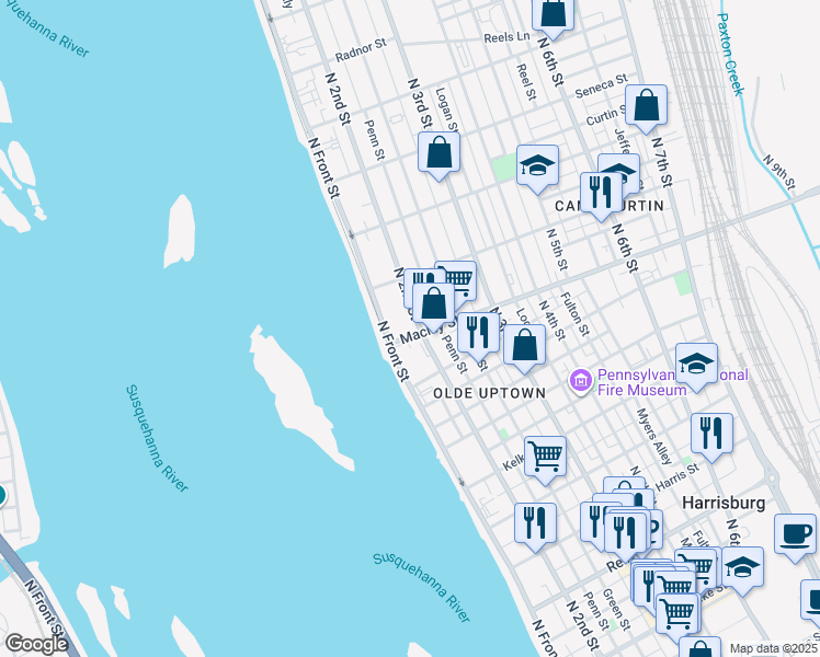 map of restaurants, bars, coffee shops, grocery stores, and more near 2100 N 2nd St in Harrisburg