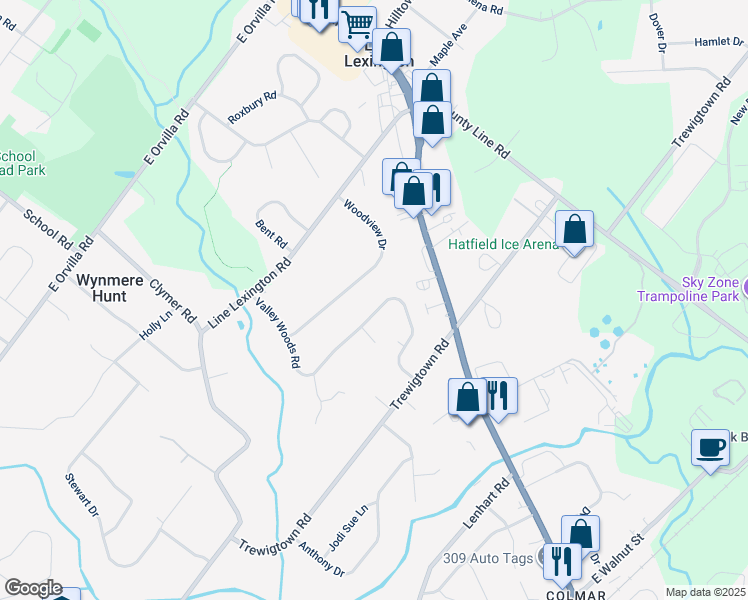 map of restaurants, bars, coffee shops, grocery stores, and more near 2804 Valley Woods Road in Hatfield