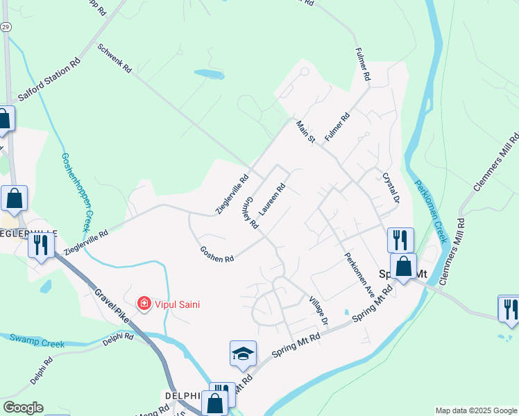 map of restaurants, bars, coffee shops, grocery stores, and more near 204 Laureen Road in Schwenksville
