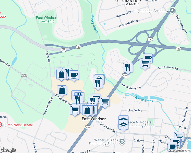 map of restaurants, bars, coffee shops, grocery stores, and more near 1305 Wallenberg Way in East Windsor