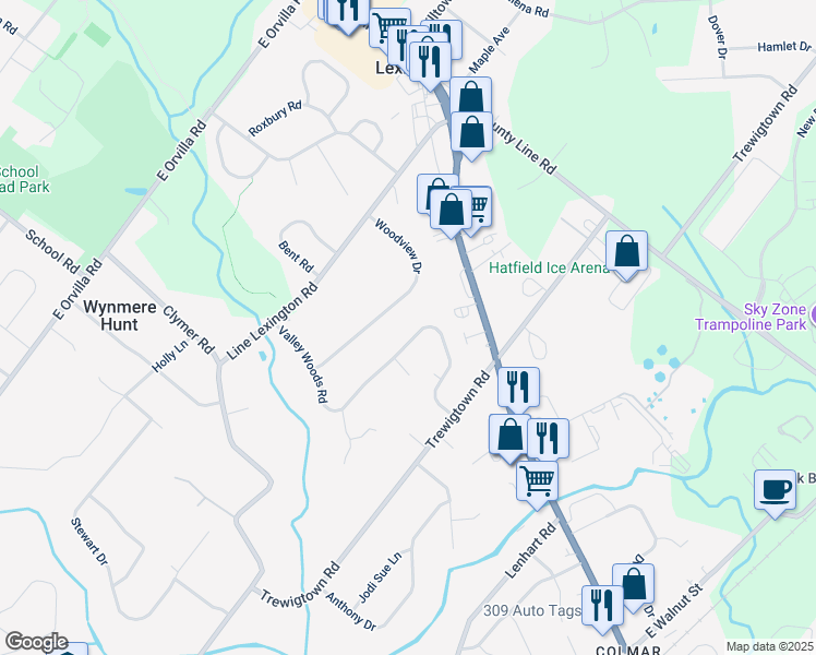 map of restaurants, bars, coffee shops, grocery stores, and more near 2804 Valley Woods Road in Hatfield