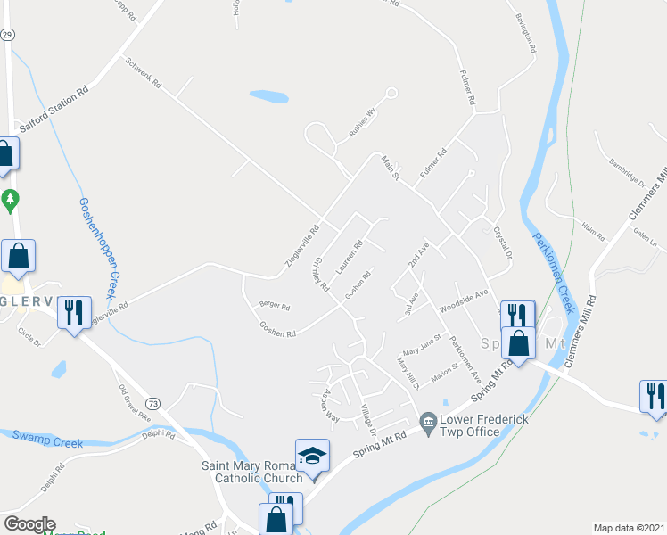 map of restaurants, bars, coffee shops, grocery stores, and more near 204 Laureen Road in Schwenksville