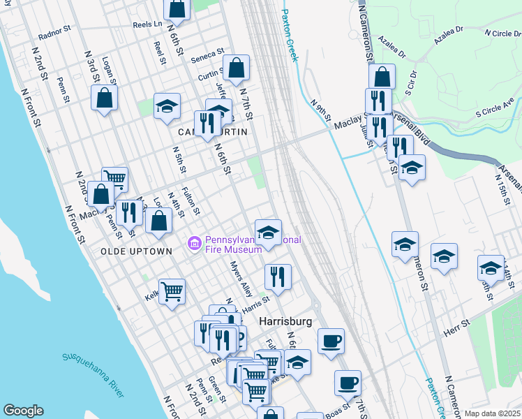 map of restaurants, bars, coffee shops, grocery stores, and more near 616 Dauphin Street in Harrisburg