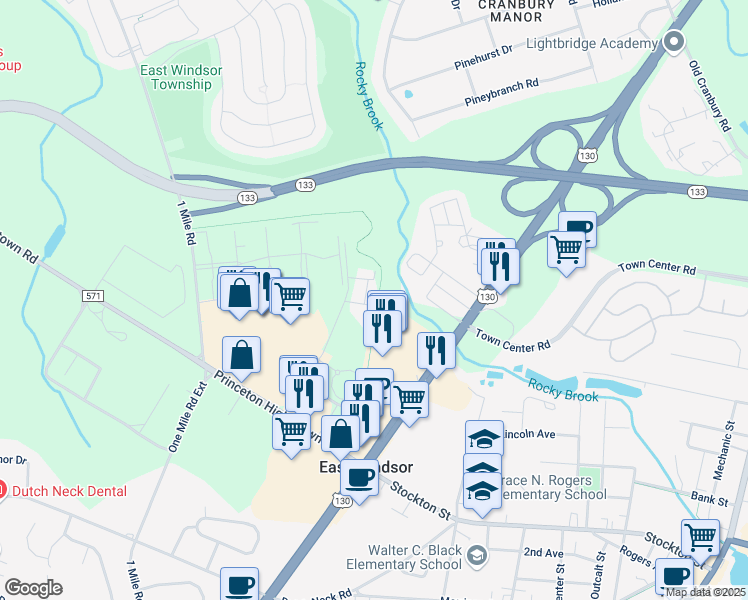 map of restaurants, bars, coffee shops, grocery stores, and more near 1305 Wallenberg way in East Windsor