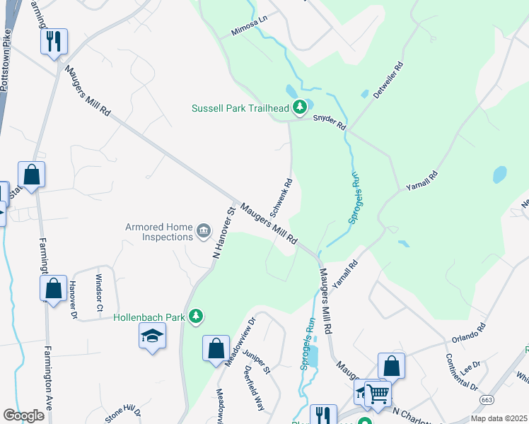 map of restaurants, bars, coffee shops, grocery stores, and more near 211 Maugers Mill Rd in Pottstown