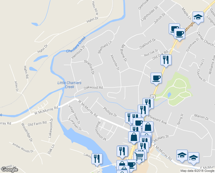 map of restaurants, bars, coffee shops, grocery stores, and more near 130 Oakwood Road in Canonsburg