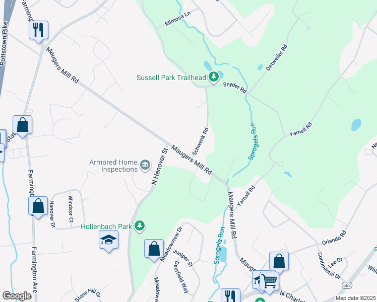 map of restaurants, bars, coffee shops, grocery stores, and more near 211 Maugers Mill Rd in Pottstown