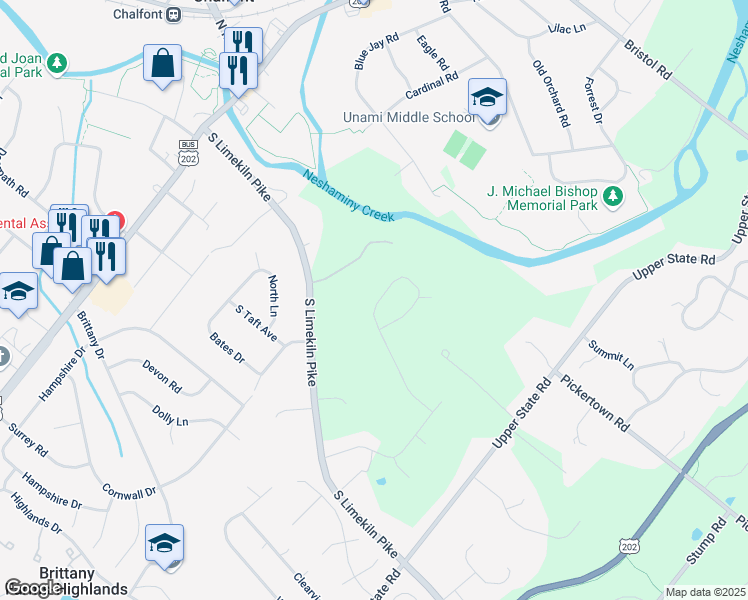 map of restaurants, bars, coffee shops, grocery stores, and more near 34 Far View Road in Chalfont
