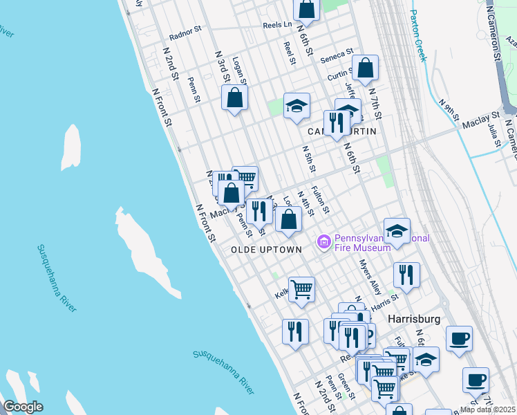 map of restaurants, bars, coffee shops, grocery stores, and more near 2052 Susquehanna Street in Harrisburg