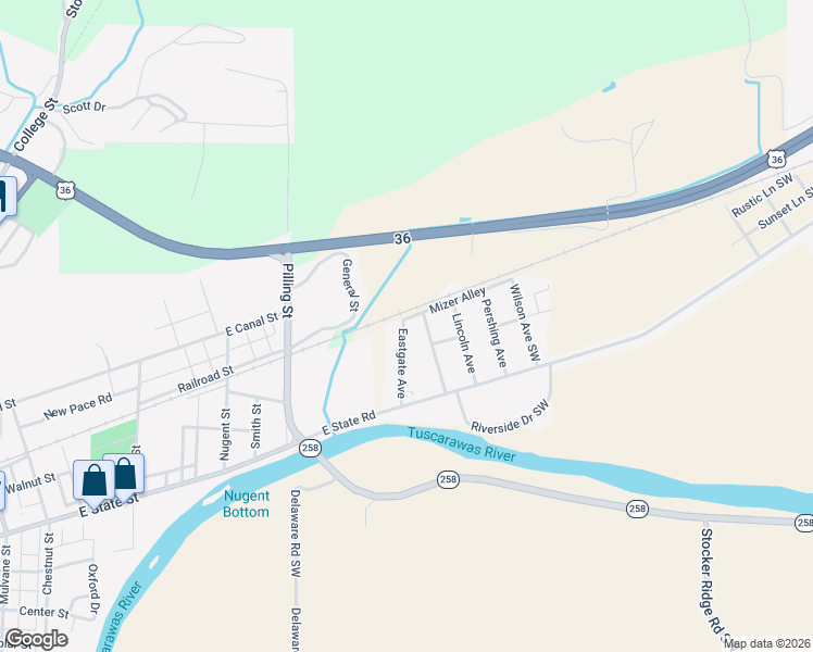 map of restaurants, bars, coffee shops, grocery stores, and more near 14011 Eastgate Avenue in Newcomerstown