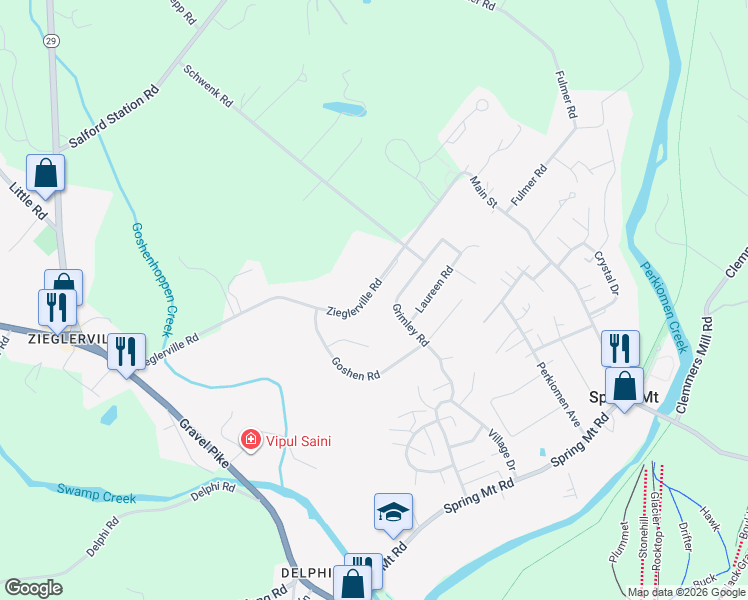 map of restaurants, bars, coffee shops, grocery stores, and more near 155 Zieglerville Road in Schwenksville