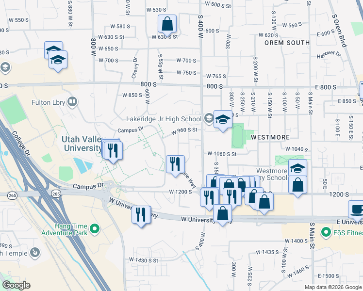 map of restaurants, bars, coffee shops, grocery stores, and more near 468 Palos Verdes Drive in Orem