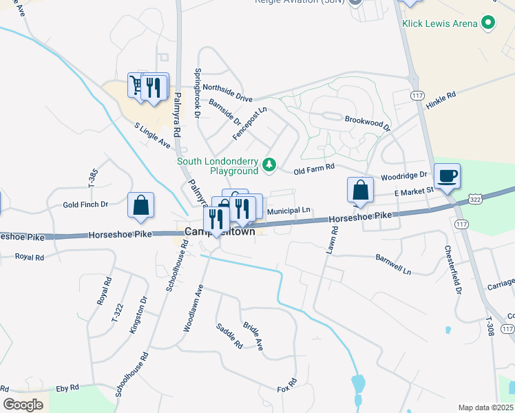 map of restaurants, bars, coffee shops, grocery stores, and more near 2821 Hershey Road in Elizabethtown