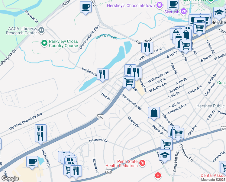 map of restaurants, bars, coffee shops, grocery stores, and more near 102 Reese Avenue in Hershey