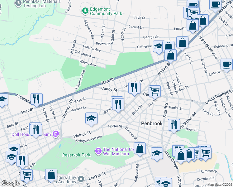 map of restaurants, bars, coffee shops, grocery stores, and more near 2402 Boas Street in Harrisburg