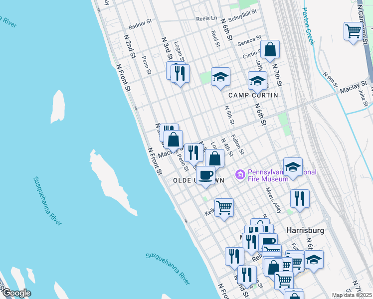 map of restaurants, bars, coffee shops, grocery stores, and more near 2051 Penn Street in Harrisburg