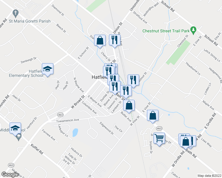 map of restaurants, bars, coffee shops, grocery stores, and more near 8 Poplar Street in Hatfield