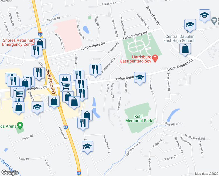 map of restaurants, bars, coffee shops, grocery stores, and more near 1093 Acri Drive in Harrisburg
