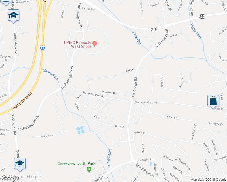 map of restaurants, bars, coffee shops, grocery stores, and more near 4164 Kittatinny Drive in Mechanicsburg