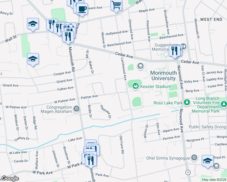map of restaurants, bars, coffee shops, grocery stores, and more near 22 Palmer Avenue in West Long Branch