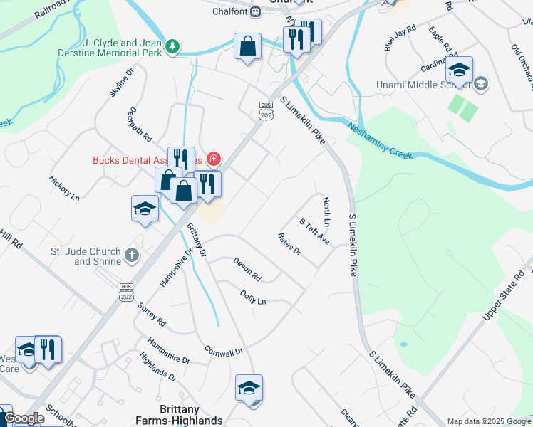 map of restaurants, bars, coffee shops, grocery stores, and more near 206 New Jersey Avenue in Chalfont