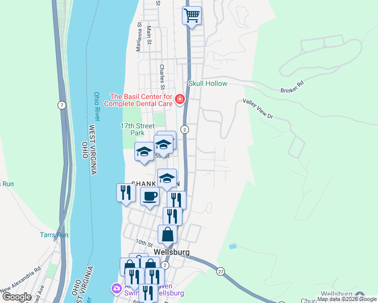 map of restaurants, bars, coffee shops, grocery stores, and more near 1501 Commerce St in Wellsburg