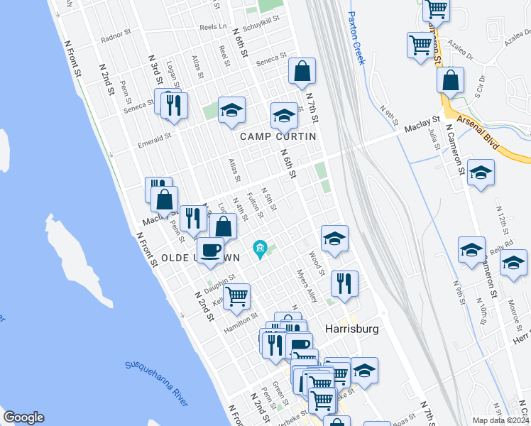 map of restaurants, bars, coffee shops, grocery stores, and more near 435 Peffer Street in Harrisburg