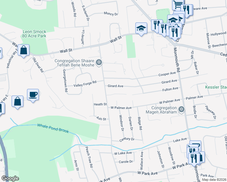 map of restaurants, bars, coffee shops, grocery stores, and more near 78 Whalepond Road in West Long Branch