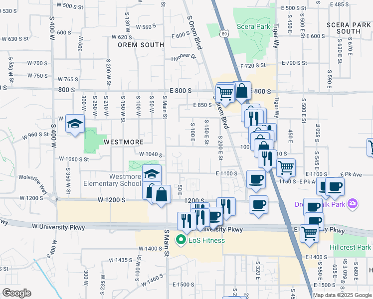 map of restaurants, bars, coffee shops, grocery stores, and more near 1055 South 80 East in Orem
