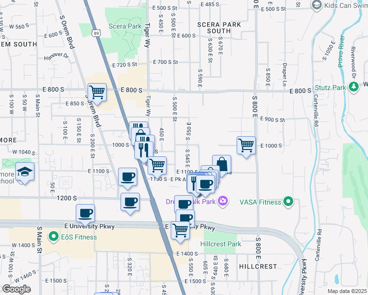 map of restaurants, bars, coffee shops, grocery stores, and more near 534 East 1000 South in Orem