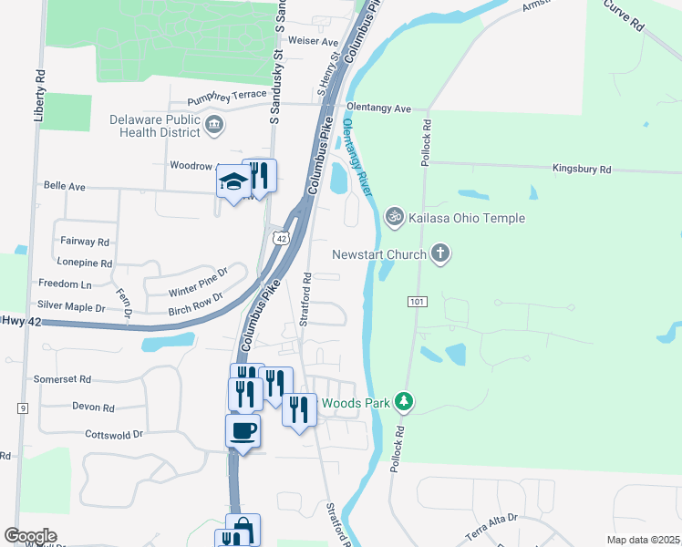 map of restaurants, bars, coffee shops, grocery stores, and more near 10 Waters Edge Circle in Delaware