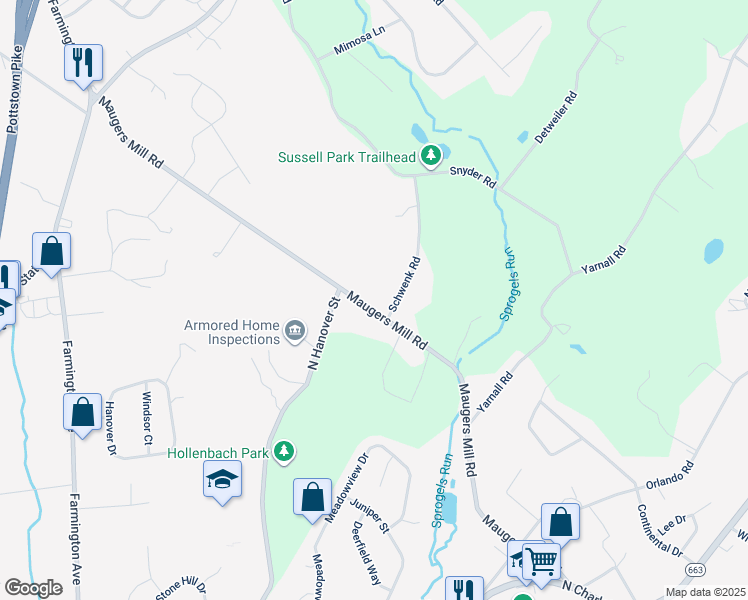 map of restaurants, bars, coffee shops, grocery stores, and more near 209 Maugers Mill Road in Pottstown