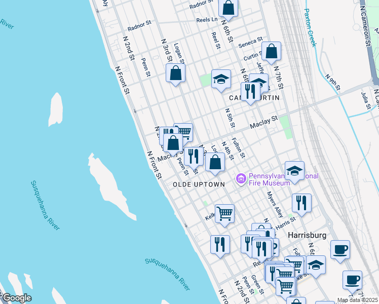 map of restaurants, bars, coffee shops, grocery stores, and more near 241 Maclay Street in Harrisburg