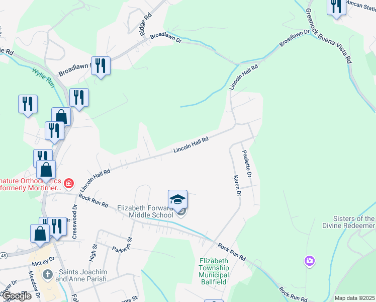 map of restaurants, bars, coffee shops, grocery stores, and more near 320 Lincoln Hall Rd in Elizabeth