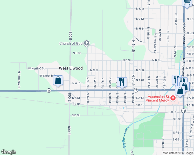 map of restaurants, bars, coffee shops, grocery stores, and more near 200 North 5th Street in Elwood