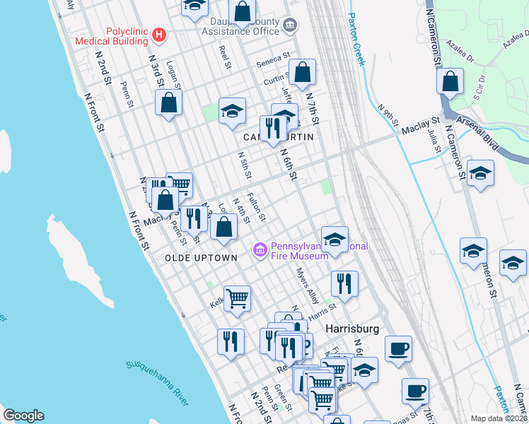 map of restaurants, bars, coffee shops, grocery stores, and more near Myers Alley in Harrisburg