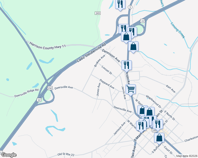 map of restaurants, bars, coffee shops, grocery stores, and more near 730 Peppard Avenue in Cadiz