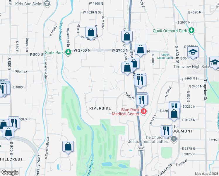 map of restaurants, bars, coffee shops, grocery stores, and more near 159 Woodside Drive in Provo